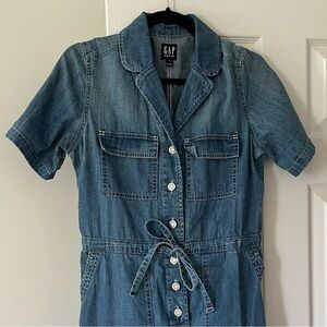 GAP Short-Sleeve Denim Jumpsuit in Medium Blue